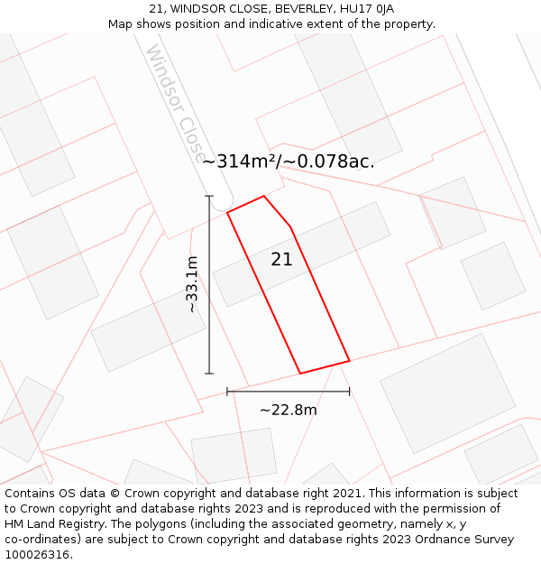 21, WINDSOR CLOSE, BEVERLEY, HU17 0JA: Plot and title map
