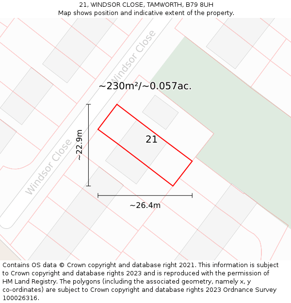 21, WINDSOR CLOSE, TAMWORTH, B79 8UH: Plot and title map