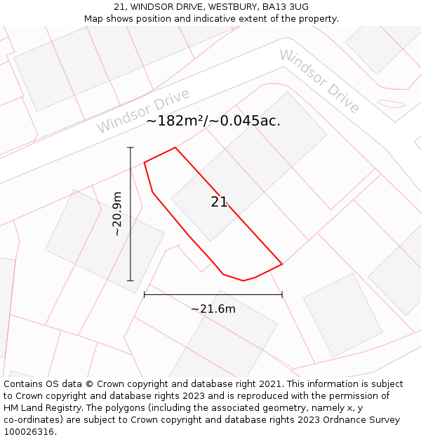 21, WINDSOR DRIVE, WESTBURY, BA13 3UG: Plot and title map