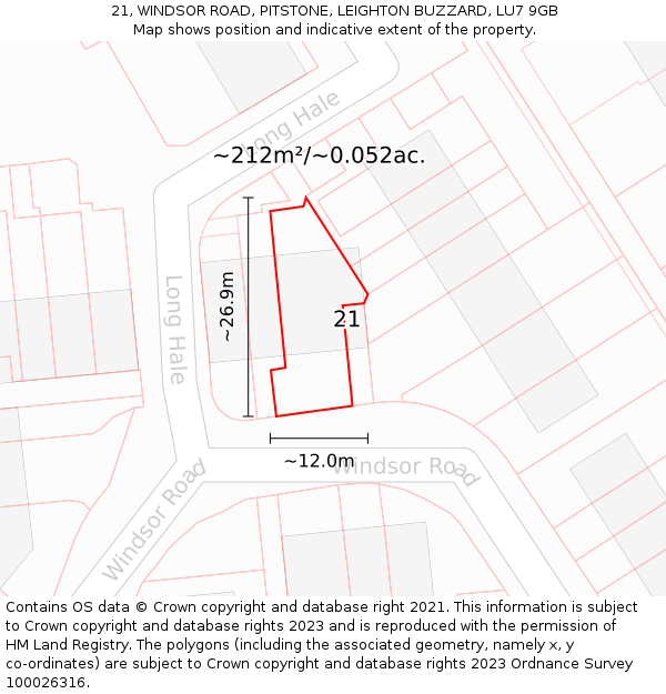 21, WINDSOR ROAD, PITSTONE, LEIGHTON BUZZARD, LU7 9GB: Plot and title map