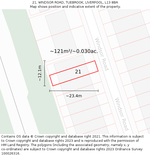 21, WINDSOR ROAD, TUEBROOK, LIVERPOOL, L13 8BA: Plot and title map