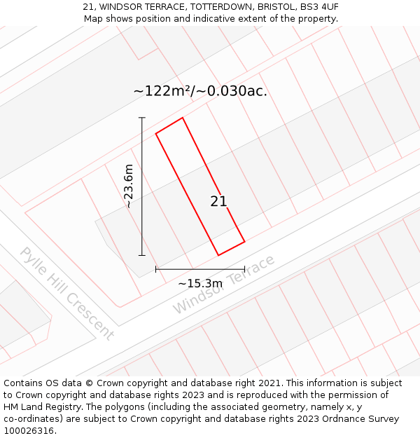 21, WINDSOR TERRACE, TOTTERDOWN, BRISTOL, BS3 4UF: Plot and title map