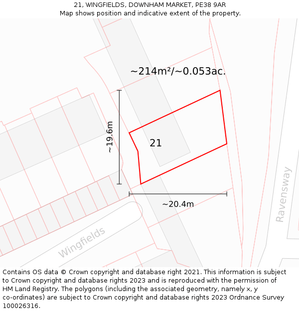 21, WINGFIELDS, DOWNHAM MARKET, PE38 9AR: Plot and title map