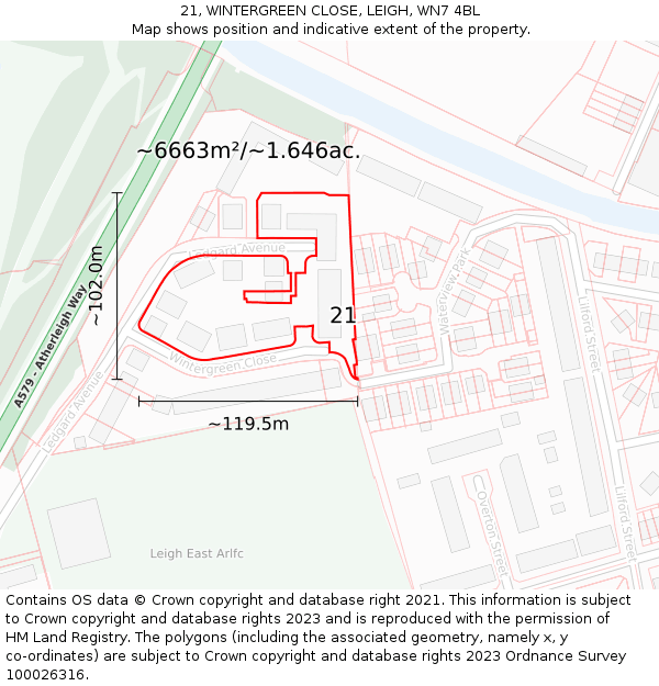 21, WINTERGREEN CLOSE, LEIGH, WN7 4BL: Plot and title map
