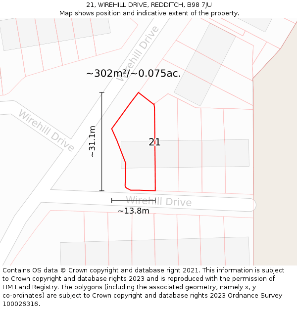 21, WIREHILL DRIVE, REDDITCH, B98 7JU: Plot and title map