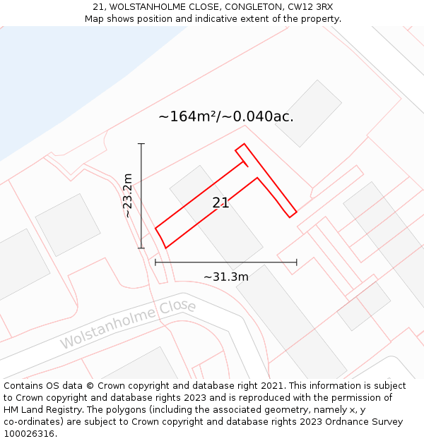 21, WOLSTANHOLME CLOSE, CONGLETON, CW12 3RX: Plot and title map