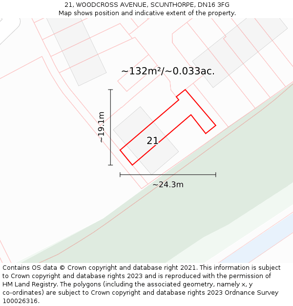 21, WOODCROSS AVENUE, SCUNTHORPE, DN16 3FG: Plot and title map