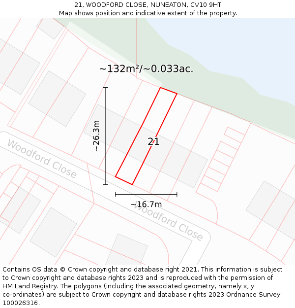 21, WOODFORD CLOSE, NUNEATON, CV10 9HT: Plot and title map