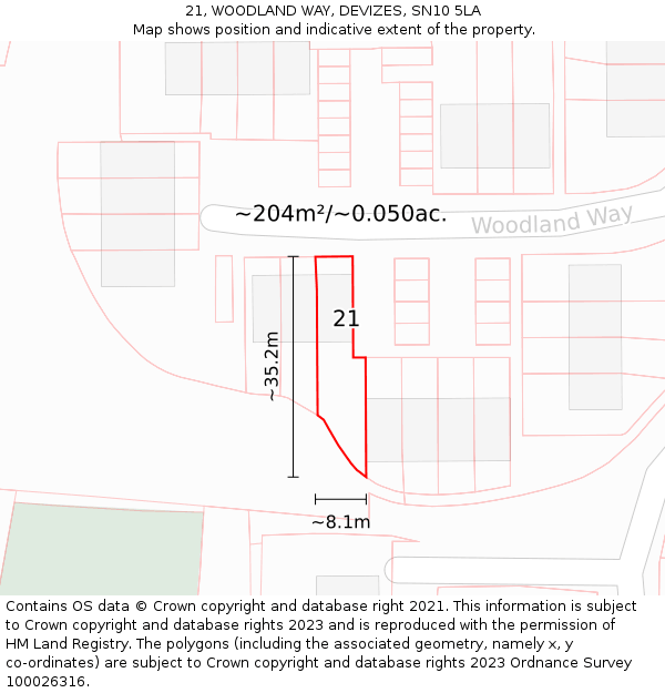 21, WOODLAND WAY, DEVIZES, SN10 5LA: Plot and title map