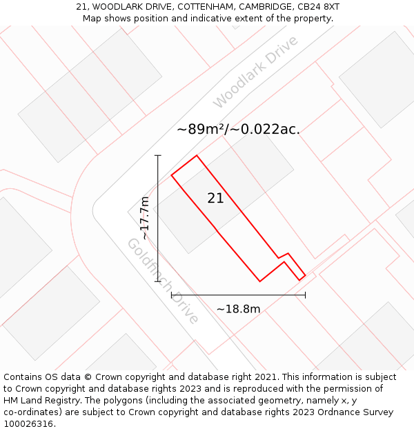 21, WOODLARK DRIVE, COTTENHAM, CAMBRIDGE, CB24 8XT: Plot and title map