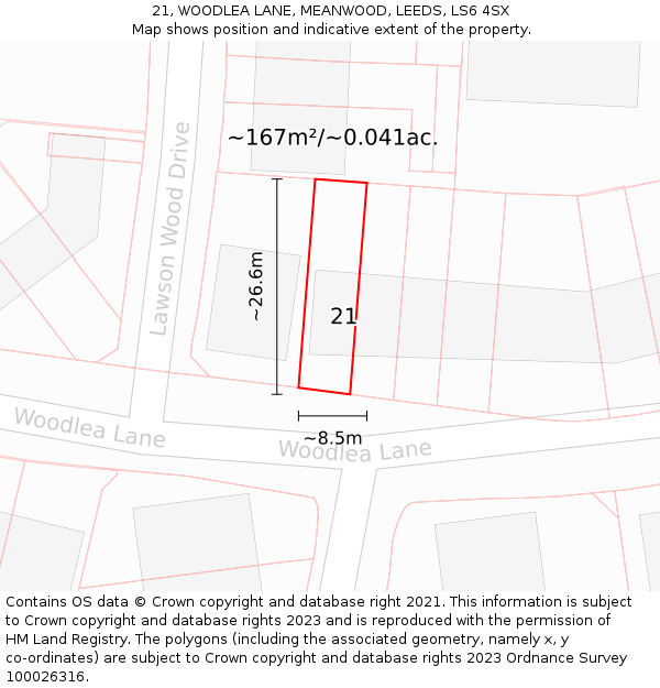 21, WOODLEA LANE, MEANWOOD, LEEDS, LS6 4SX: Plot and title map