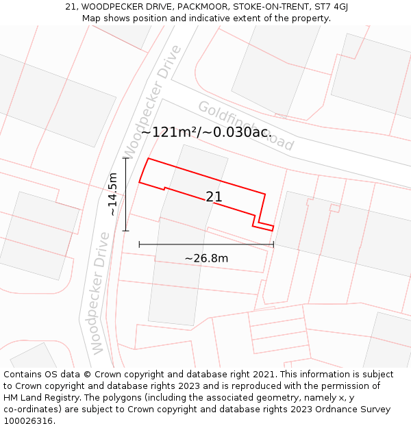 21, WOODPECKER DRIVE, PACKMOOR, STOKE-ON-TRENT, ST7 4GJ: Plot and title map