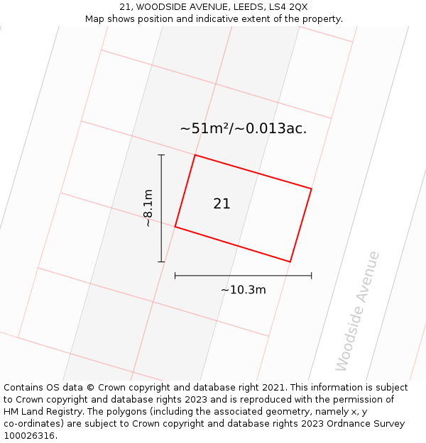 21, WOODSIDE AVENUE, LEEDS, LS4 2QX: Plot and title map
