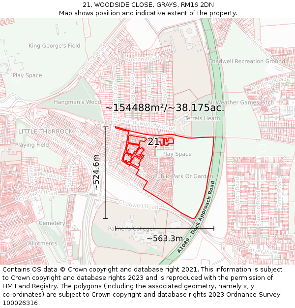 21, WOODSIDE CLOSE, GRAYS, RM16 2DN: Plot and title map