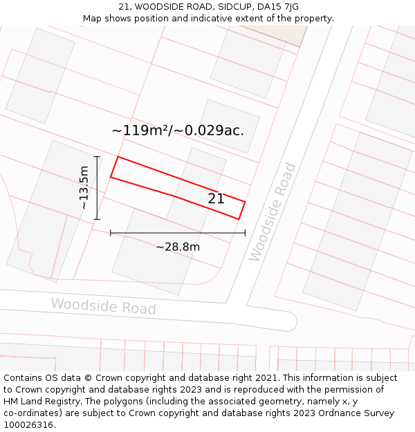 21, WOODSIDE ROAD, SIDCUP, DA15 7JG: Plot and title map