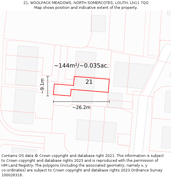 21, WOOLPACK MEADOWS, NORTH SOMERCOTES, LOUTH, LN11 7QG: Plot and title map