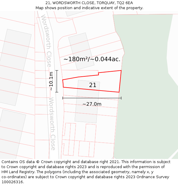 21, WORDSWORTH CLOSE, TORQUAY, TQ2 6EA: Plot and title map