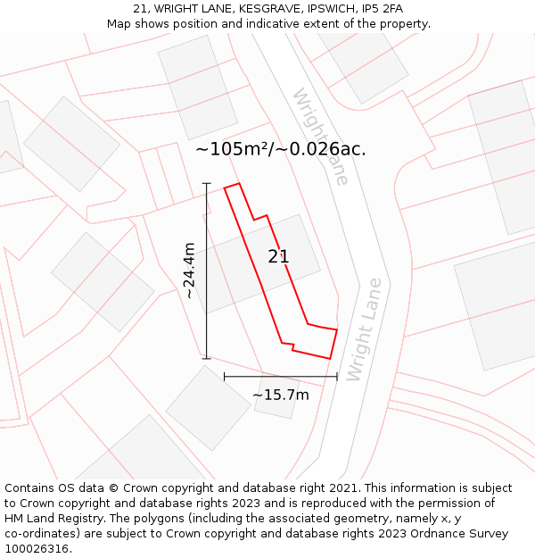 21, WRIGHT LANE, KESGRAVE, IPSWICH, IP5 2FA: Plot and title map