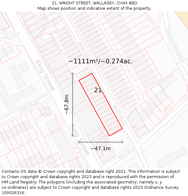 21, WRIGHT STREET, WALLASEY, CH44 8BD: Plot and title map