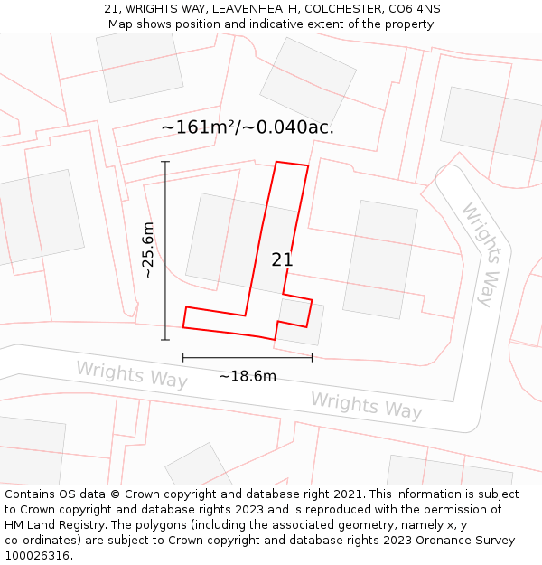 21, WRIGHTS WAY, LEAVENHEATH, COLCHESTER, CO6 4NS: Plot and title map