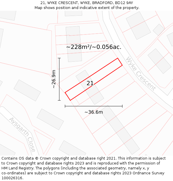 21, WYKE CRESCENT, WYKE, BRADFORD, BD12 9AY: Plot and title map
