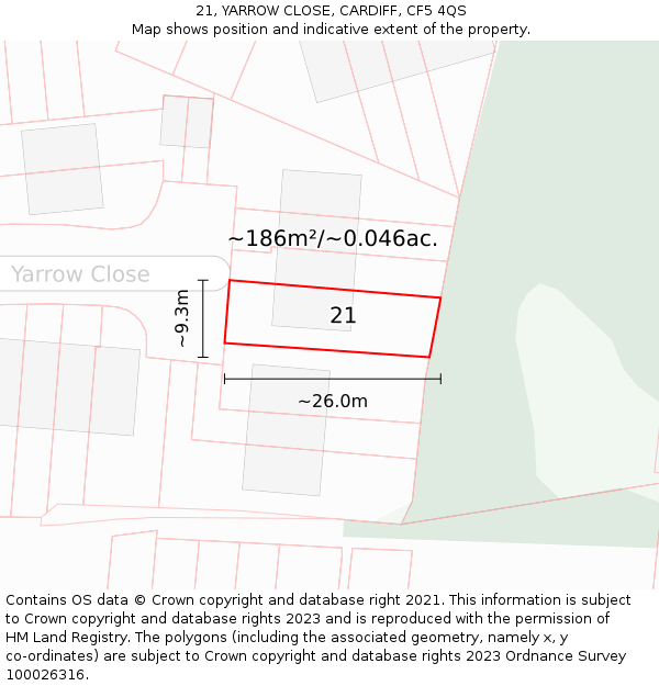 21, YARROW CLOSE, CARDIFF, CF5 4QS: Plot and title map