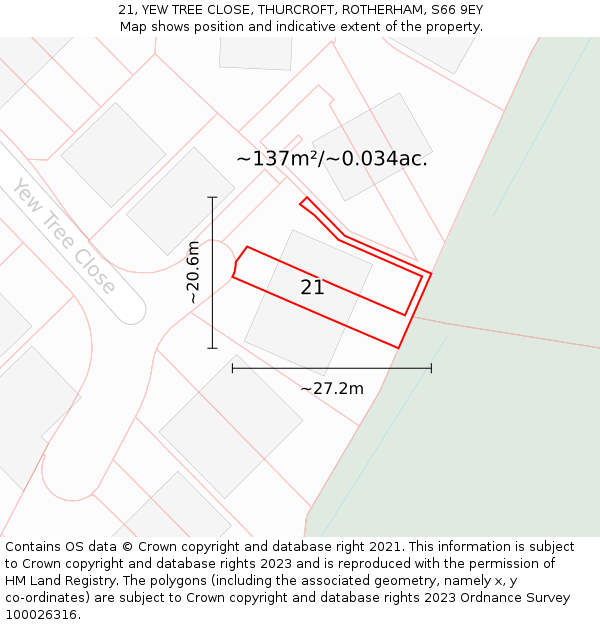 21, YEW TREE CLOSE, THURCROFT, ROTHERHAM, S66 9EY: Plot and title map