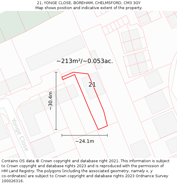 21, YONGE CLOSE, BOREHAM, CHELMSFORD, CM3 3GY: Plot and title map