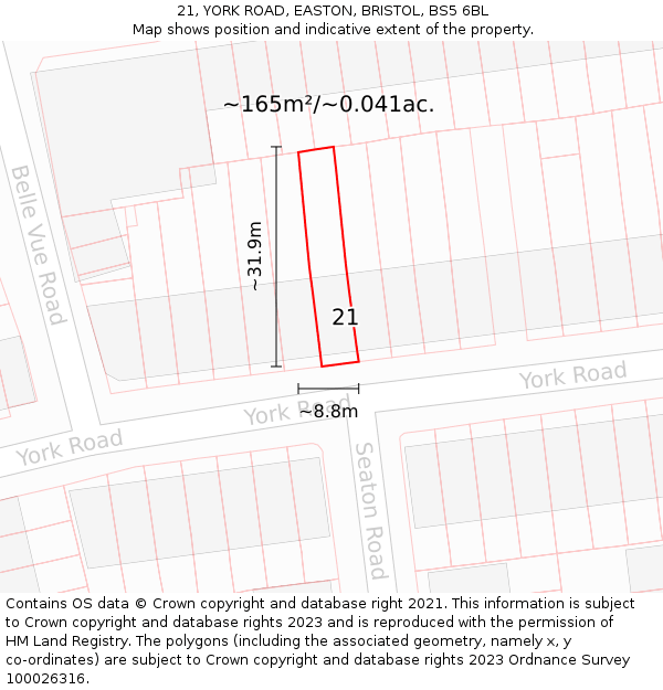 21, YORK ROAD, EASTON, BRISTOL, BS5 6BL: Plot and title map