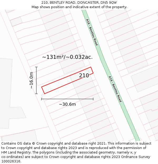210, BENTLEY ROAD, DONCASTER, DN5 9QW: Plot and title map