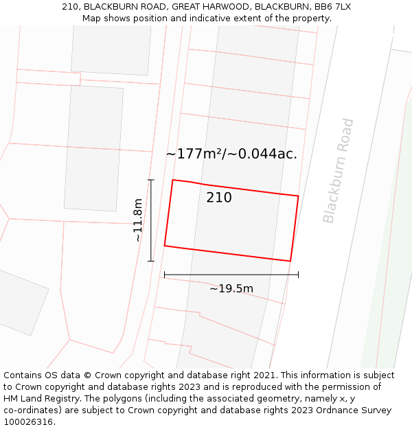 210, BLACKBURN ROAD, GREAT HARWOOD, BLACKBURN, BB6 7LX: Plot and title map