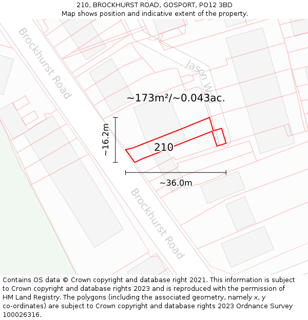 210, BROCKHURST ROAD, GOSPORT, PO12 3BD: Plot and title map