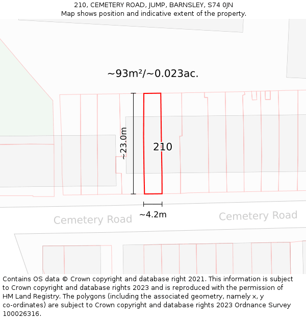 210, CEMETERY ROAD, JUMP, BARNSLEY, S74 0JN: Plot and title map