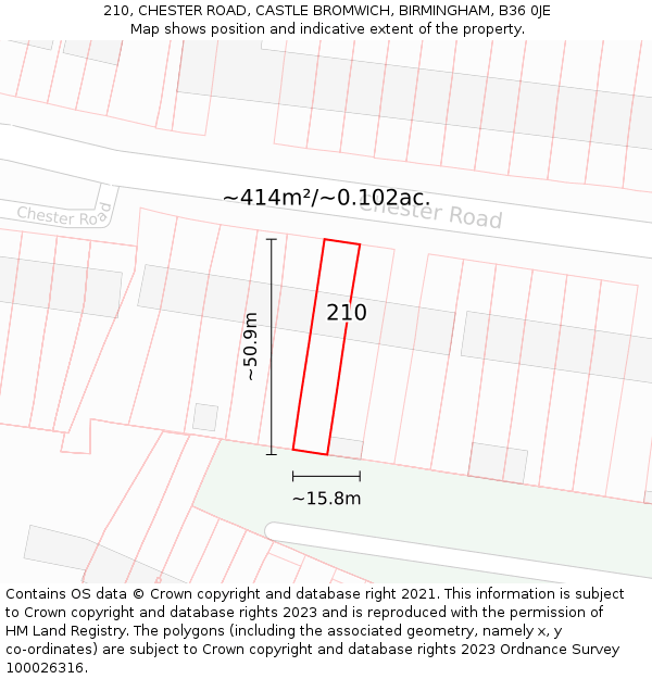 210, CHESTER ROAD, CASTLE BROMWICH, BIRMINGHAM, B36 0JE: Plot and title map