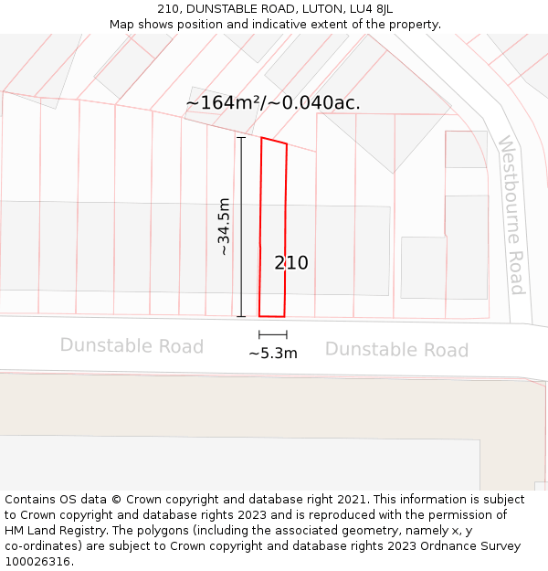 210, DUNSTABLE ROAD, LUTON, LU4 8JL: Plot and title map