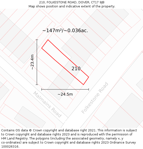 210, FOLKESTONE ROAD, DOVER, CT17 9JB: Plot and title map