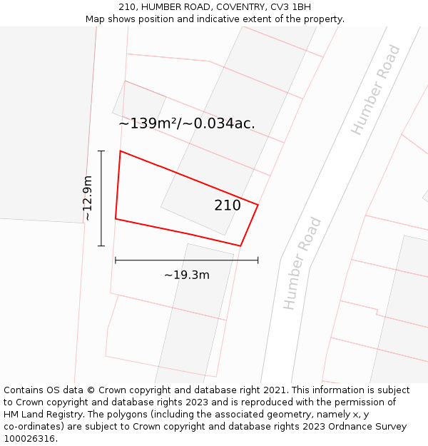 210, HUMBER ROAD, COVENTRY, CV3 1BH: Plot and title map