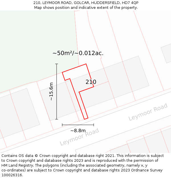 210, LEYMOOR ROAD, GOLCAR, HUDDERSFIELD, HD7 4QP: Plot and title map