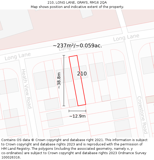210, LONG LANE, GRAYS, RM16 2QA: Plot and title map