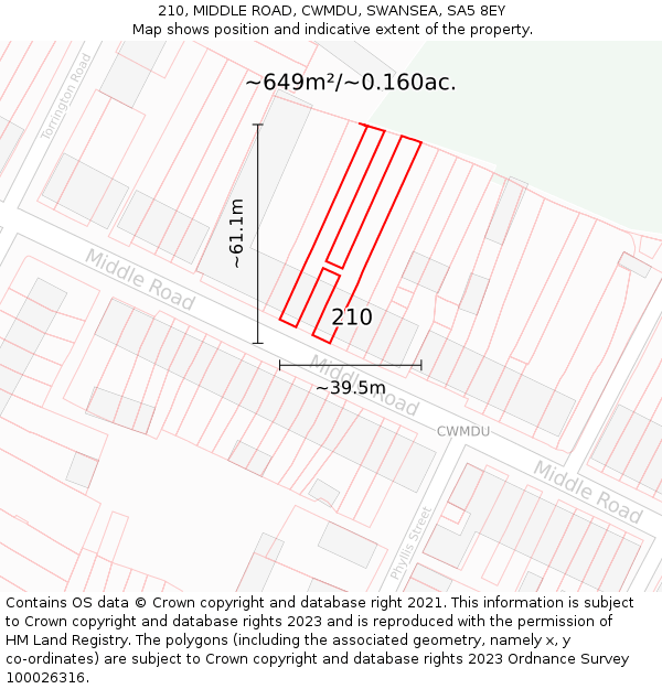 210, MIDDLE ROAD, CWMDU, SWANSEA, SA5 8EY: Plot and title map