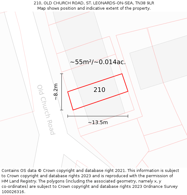 210, OLD CHURCH ROAD, ST. LEONARDS-ON-SEA, TN38 9LR: Plot and title map