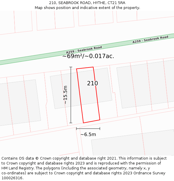 210, SEABROOK ROAD, HYTHE, CT21 5RA: Plot and title map