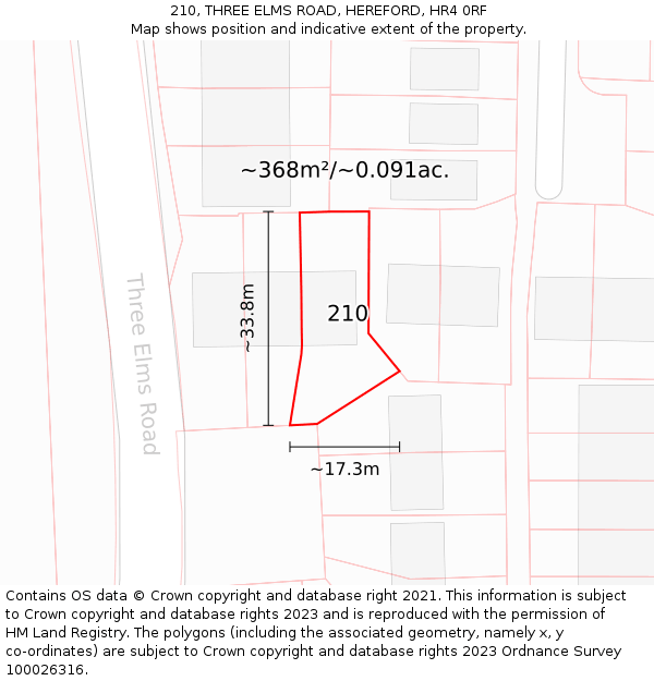 210, THREE ELMS ROAD, HEREFORD, HR4 0RF: Plot and title map