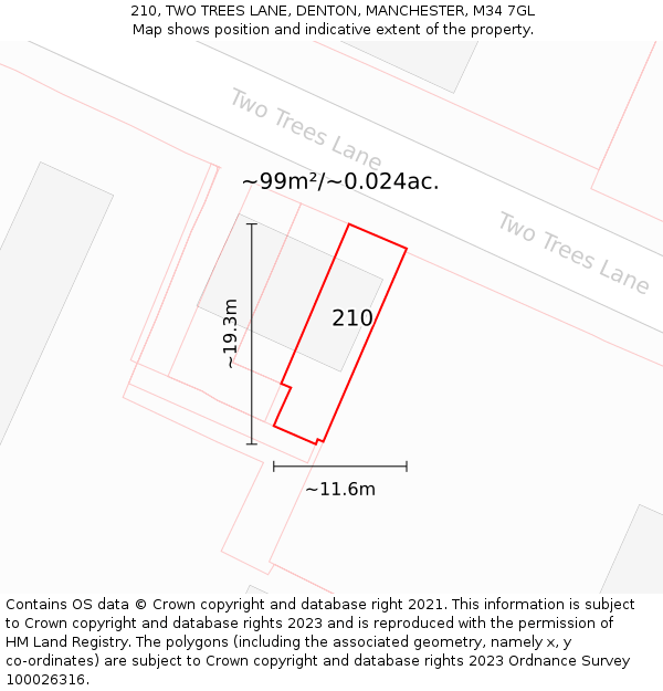 210, TWO TREES LANE, DENTON, MANCHESTER, M34 7GL: Plot and title map