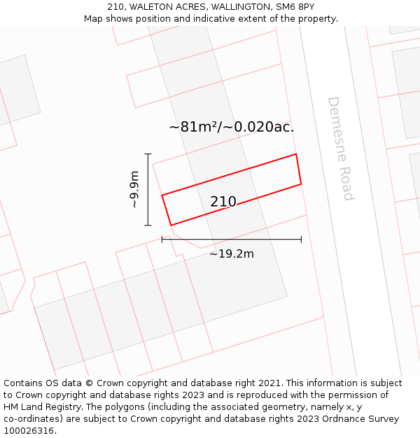 210, WALETON ACRES, WALLINGTON, SM6 8PY: Plot and title map