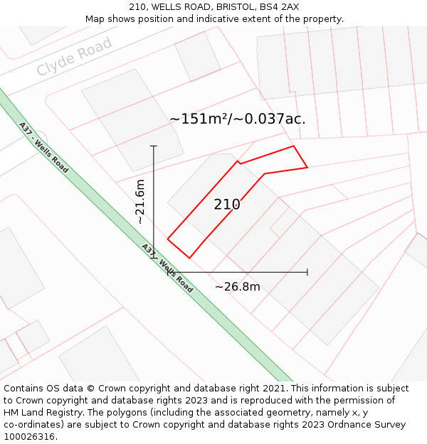 210, WELLS ROAD, BRISTOL, BS4 2AX: Plot and title map