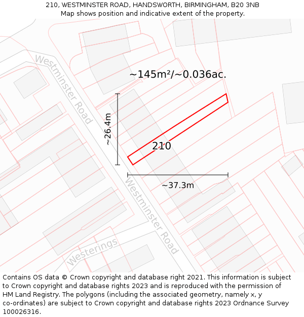 210, WESTMINSTER ROAD, HANDSWORTH, BIRMINGHAM, B20 3NB: Plot and title map