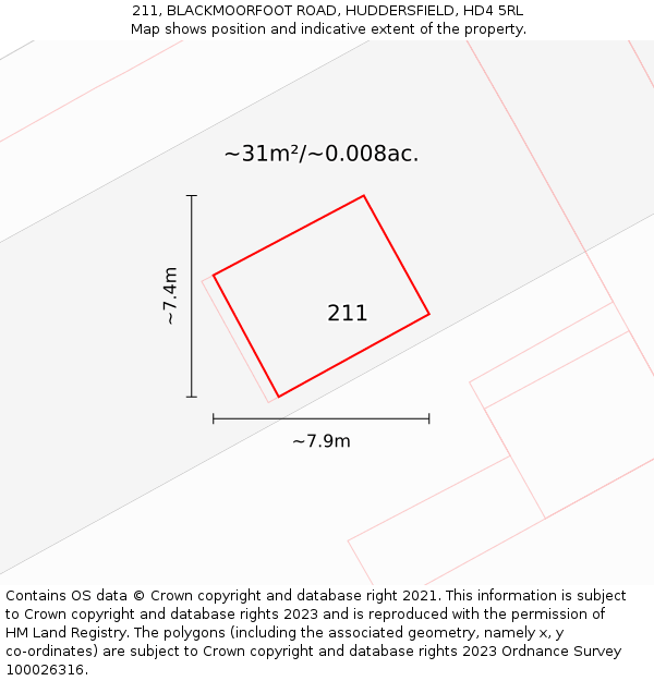 211, BLACKMOORFOOT ROAD, HUDDERSFIELD, HD4 5RL: Plot and title map