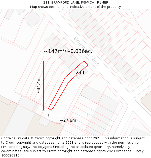 211, BRAMFORD LANE, IPSWICH, IP1 4ER: Plot and title map