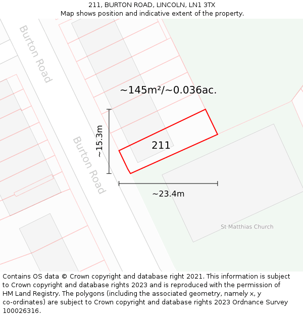 211, BURTON ROAD, LINCOLN, LN1 3TX: Plot and title map
